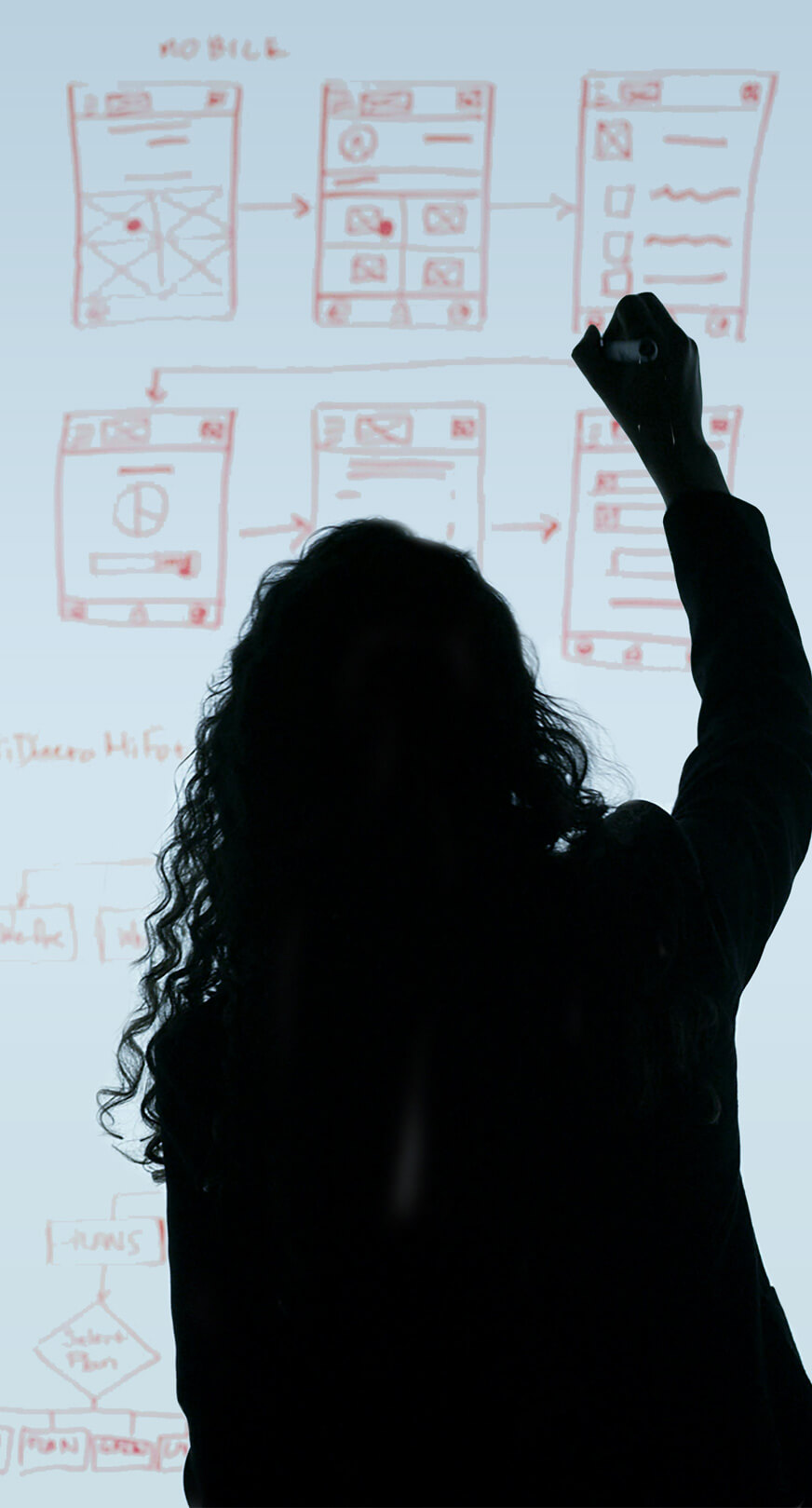 An image of Jen Gadus whiteboarding a new user flow with mobile wireframes.