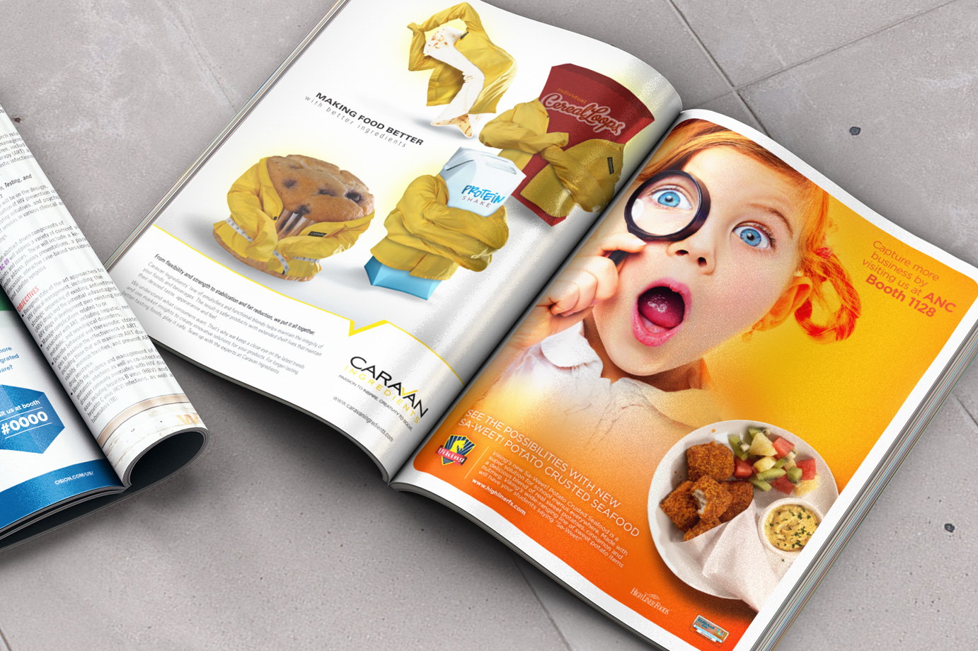 A photo of full page foodservice print ads.