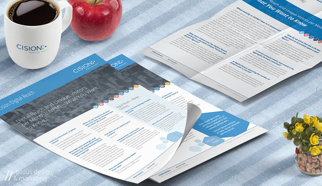 An in-context rendering of three printed marketing collateral design.