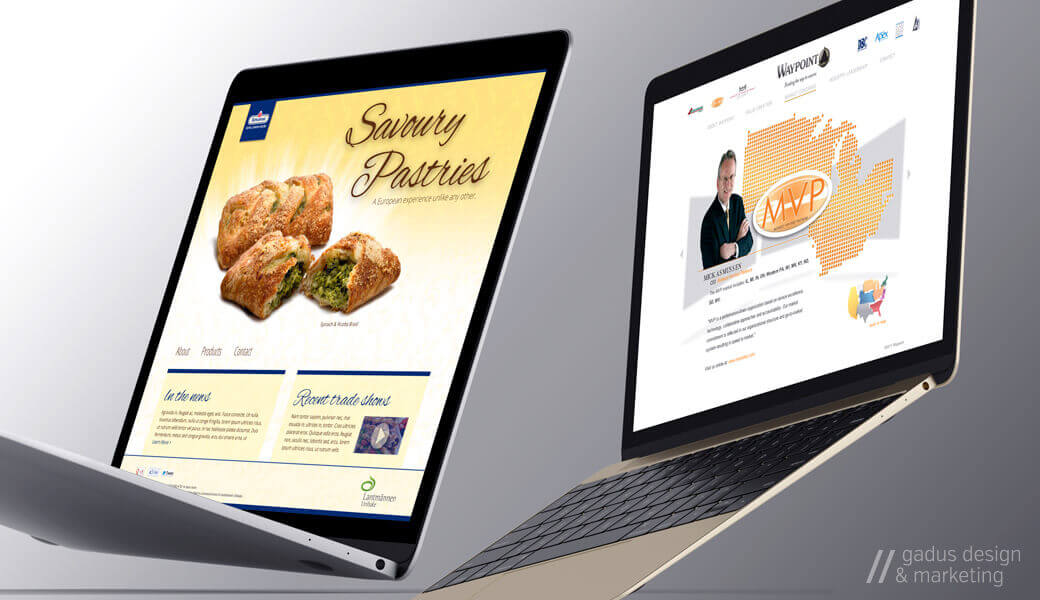 An in-context rendering of two flash-based foodservice website designs.