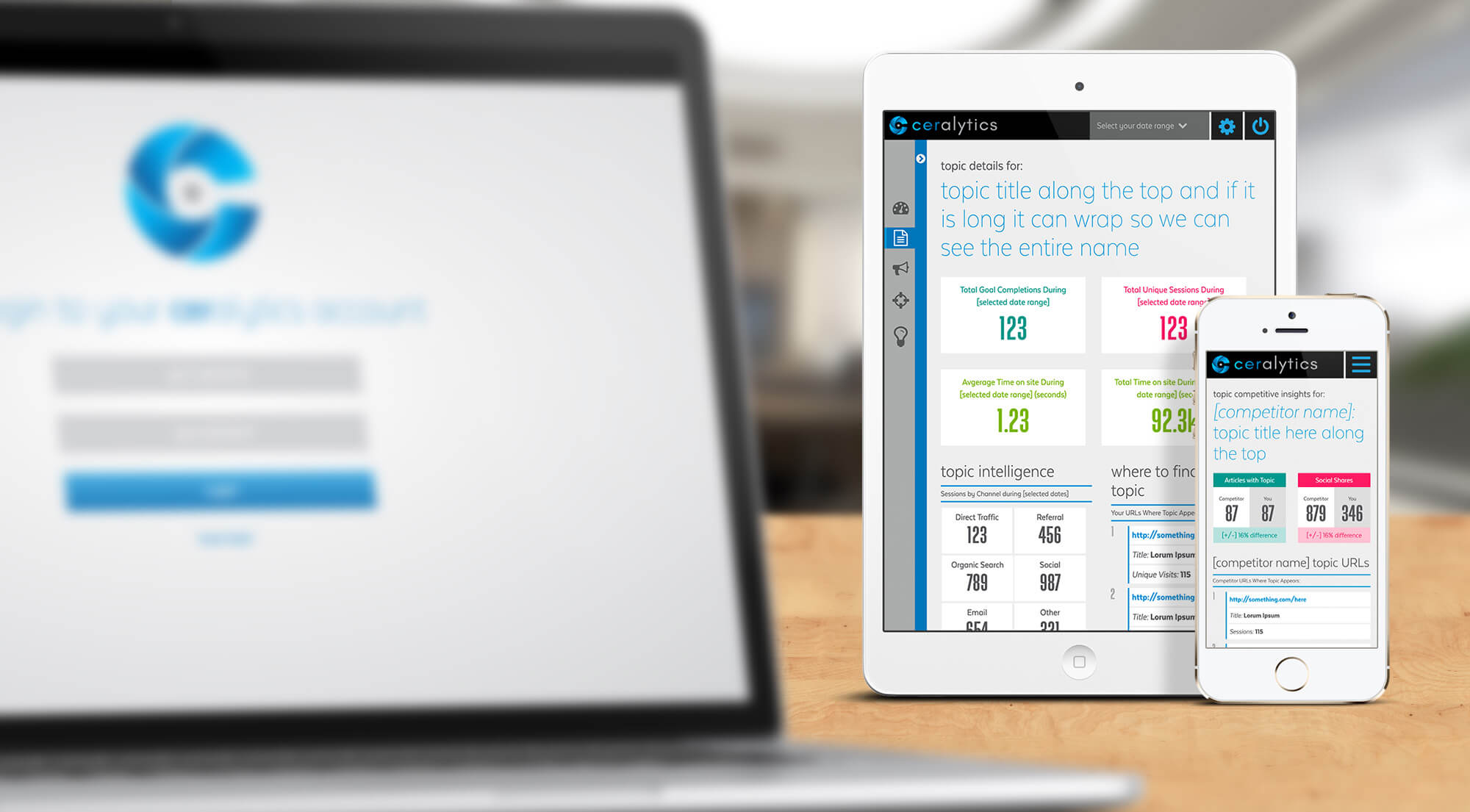 A mockup of various Ceralytics SaaS Designs by Jennifer Gadus.