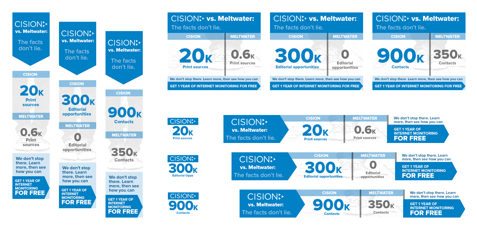 A series of retargeting display ads for the Cision vs. Meltwater campaign, designed by Jen Gadus.