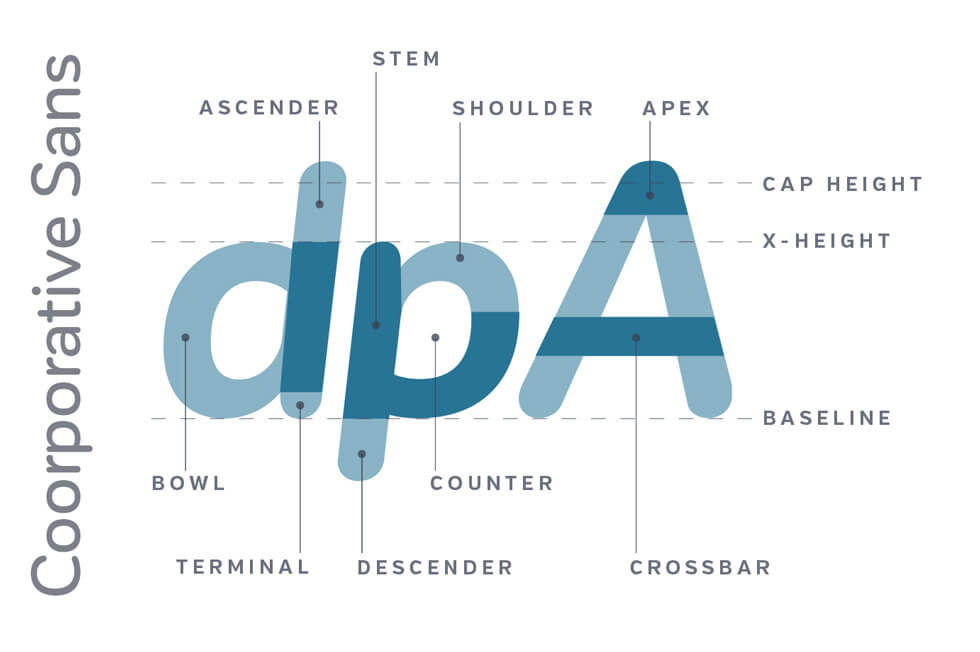 Anatomy of Cooperative Sans, one of the typefaces explored for UpCity.