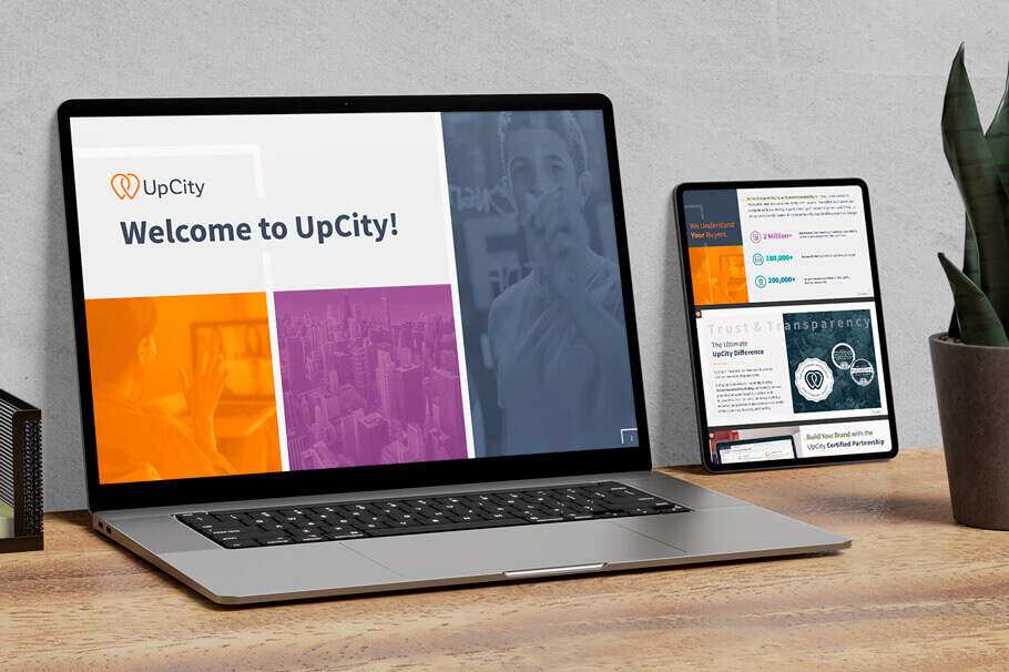 A mockup of the final UpCity presentation template, directed by Jennifer Gadus