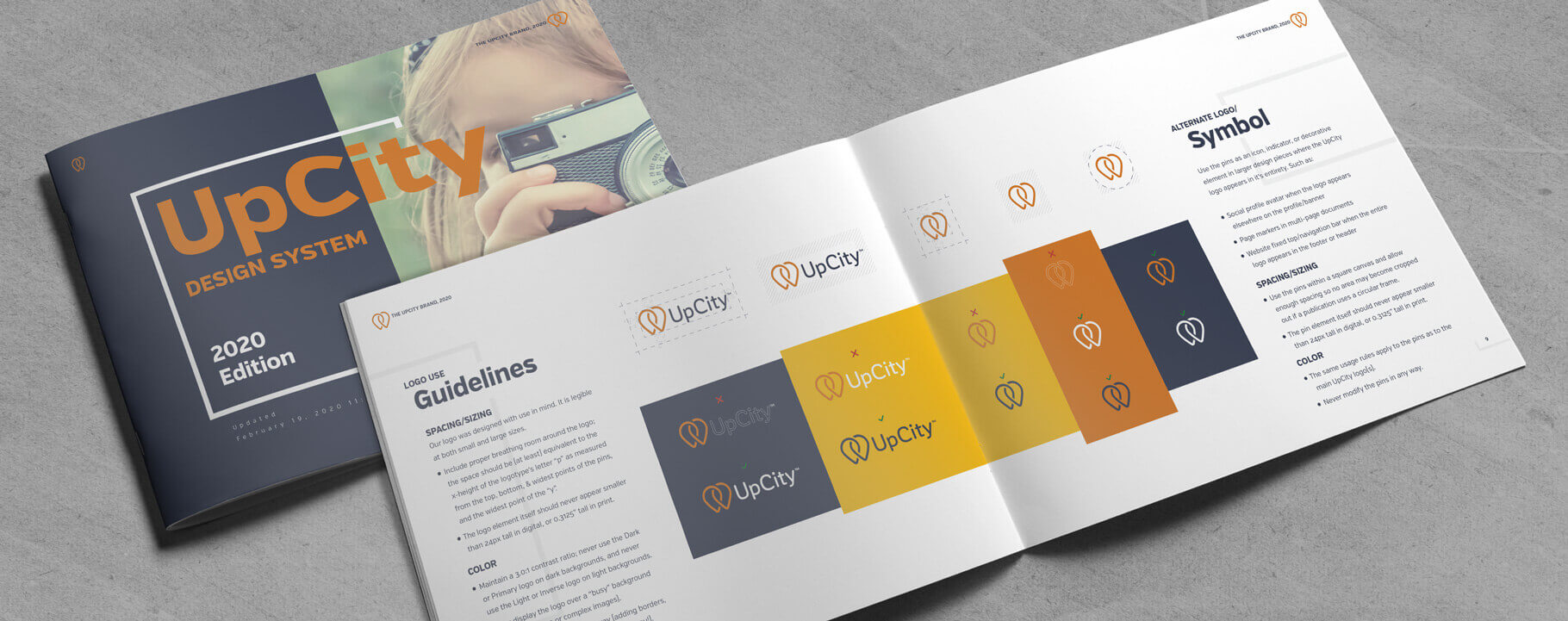 A mockup of the final brand guidelines booklet by Jennifer Gadus.